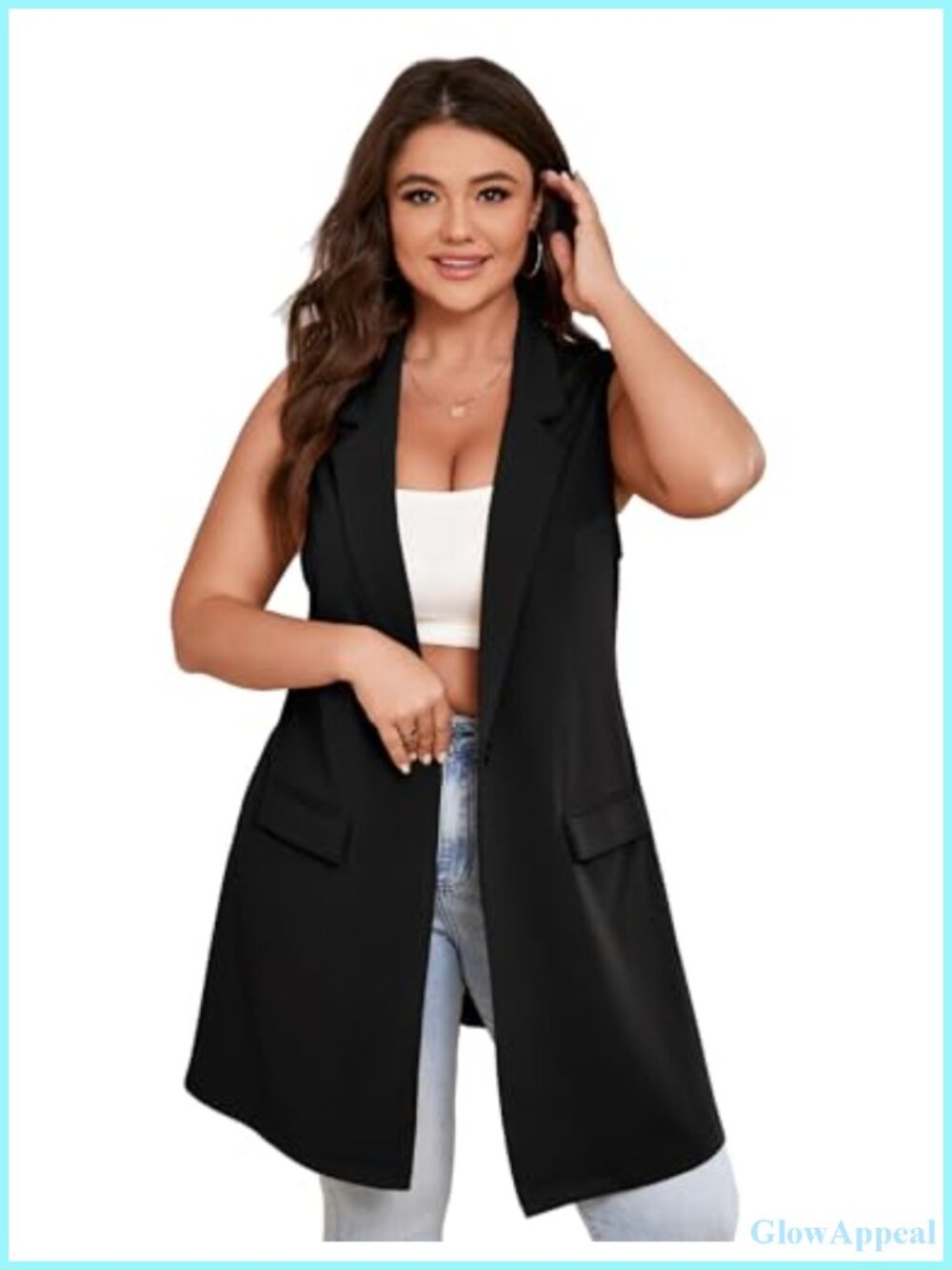 Plus Size Sleeveless Blazer Lapel Single Button Work Office Vest with Pockets